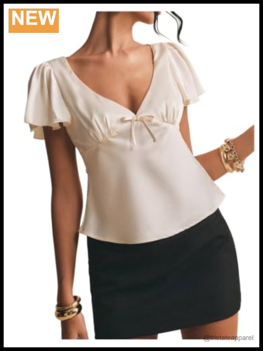 Women's Satin Blouse Dressy Casual Top Ruffle Sleeve Deep V Neck Summer Blouses